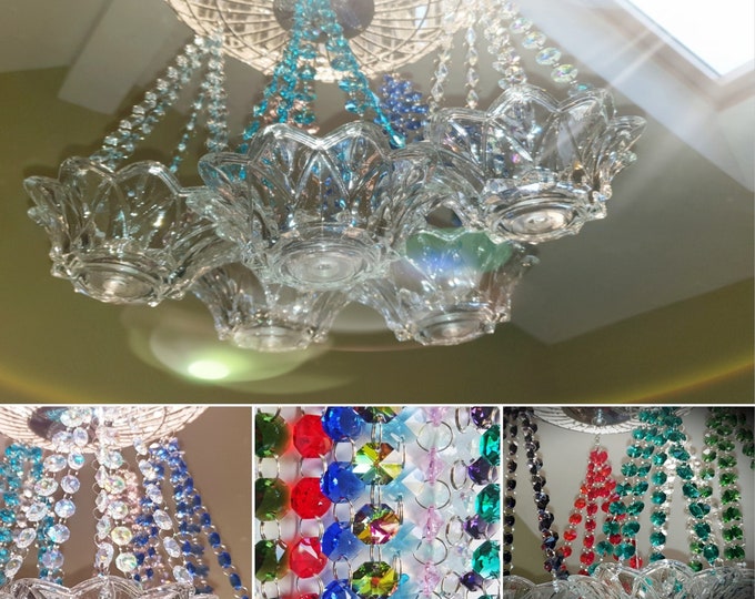 Crystal Chandelier Inspired Glass Bobeche Tea Light Pendant Hanging Candle Holder 10 Colours 11" Deep Wedding Decoration Garden Feature