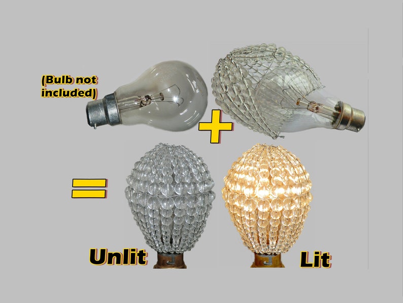 May include: A clear glass light bulb with a decorative crystal bead cover. The image shows the cover unlit and lit, with the light bulb glowing yellow. The text "Bulb not included" is written in red on a yellow background.