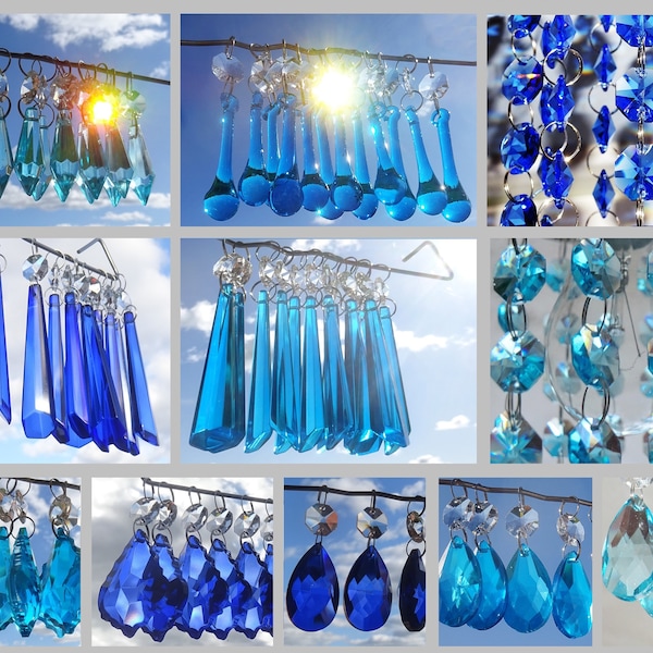Lustre bleu cobalt ou bleu sarcelle prismes pièces lumineuses gouttes cristaux de verre gouttelettes perles arbre de Noël vintage décorations de mariage pièces de rechange