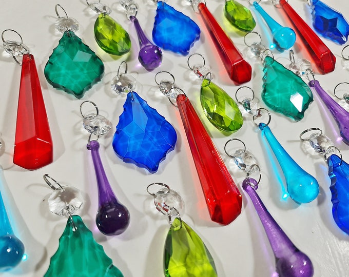 12 or 24 Antique Rich Colour Mix Chandelier Drops Glass Crystals Droplets Retro Wedding Beads Window Christmas Tree Decorations Light Parts