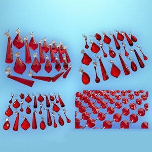 Choice of Sets of Red Art Deco Chandelier Drops Glass Crystals Droplets Vintage Christmas Tree Wedding Decorations Light Crafts Parts Beads