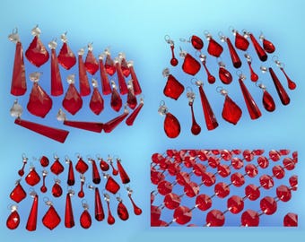Choice of Sets of Red Art Deco Chandelier Drops Glass Crystals Droplets Vintage Christmas Tree Wedding Decorations Light Crafts Parts Beads