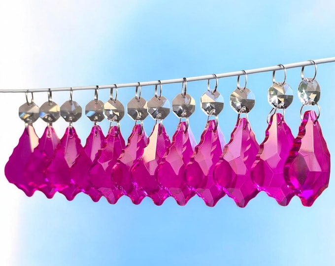 Raspberry Red Chandelier Drops 2" Leaf Glass Crystals Droplets Pendalogue Beads Vintage Christmas Tree Wedding Decorations Crafts Parts Deco