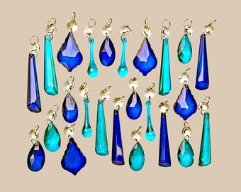 12 or 24 Chandelier Cut Glass Teal & Cobalt Blue Sun Catchers Crystals Prisms Beads Vintage Christmas Tree Wedding Decorations Light Parts