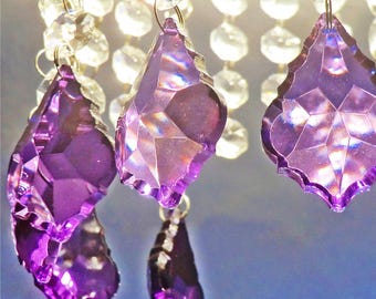 Purple Chandelier Drops Glass Crystals Droplets Leaf Beads Prisms Sun Catchers Vintage Christmas Tree Wedding Decorations Light Crafts Parts