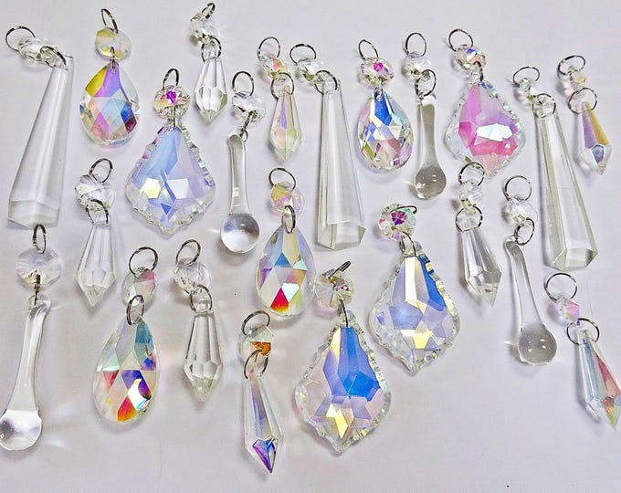 24 Clear & Aurora Borealis AB Mix of Chandelier Drops Glass Crystals Droplets Beads Christmas Tree Wedding Decoration Mix Light Lamp Parts
