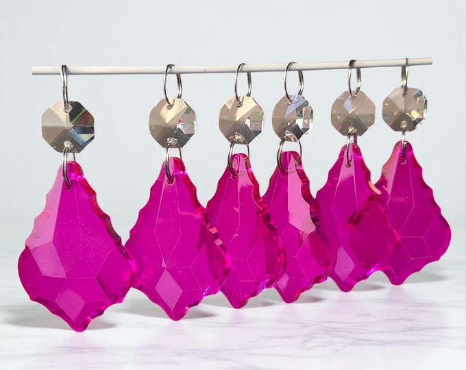 Raspberry Pink Chandelier Drops 2" Leaf Glass Crystals Droplets Pendalogue Beads Vintage Christmas Tree Wedding Decorations Craft Parts Deco