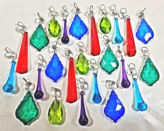 12 or 24 Antique Rich Colour Mix Chandelier Drops Glass Crystals Droplets Retro Wedding Beads Window Christmas Tree Decorations Light Parts