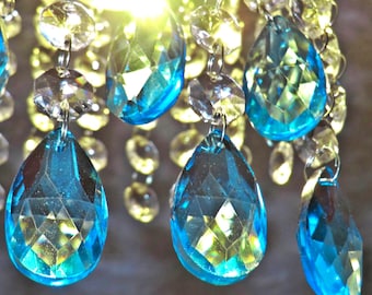 Aqua Teal Blue Art Deco Colour Christmas Wedding Hanging Window Decorations Chandelier Drops Cut Glass Crystals Droplets Oval Almond Beads