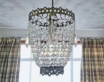 Bronze Antique Brass Frame Bag Basket Baguette Chandelier Unique Bespoke Lampshade Pendant Ceiling Light Bespoke 9" x 10" Art Deco Design