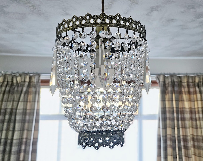 Bronze Antique Brass Frame Bag Basket Baguette Chandelier Unique Bespoke Lampshade Pendant Ceiling Light Bespoke 9" x 10" Art Deco Design
