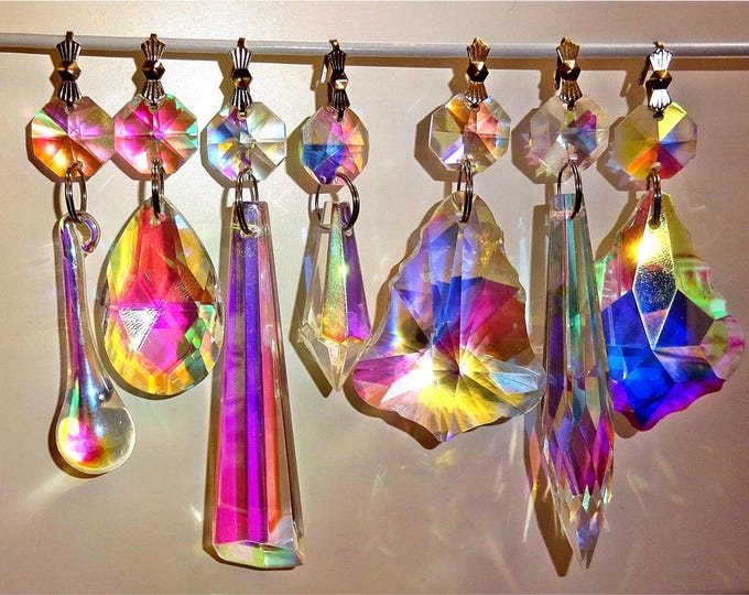 Choice of 7 Shapes Aurora Borealis AB Chandelier Drops Glass Iridescent Crystals Prisms Droplets Beads Christmas Tree Wedding Wishing Charms
