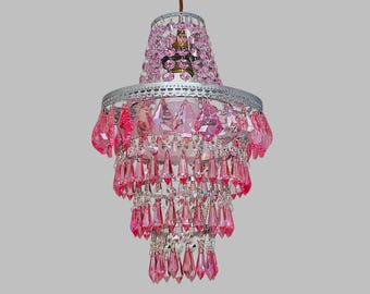 Unique Deep Pink 4-Tier Chandelier Pendant 9" x 14" Customizable - Bespoke Ceiling Lamp Easy Fit Retro Shabby Chic Boho Entryway Statement