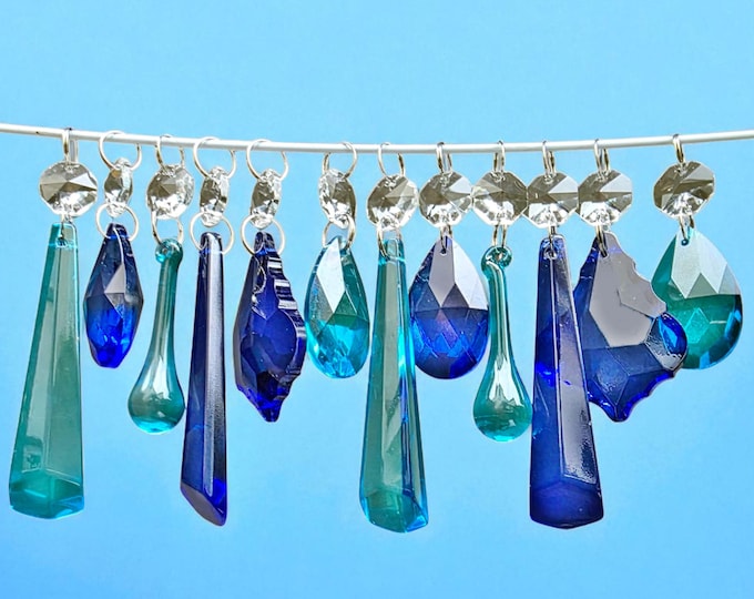 12 or 24 Chandelier Drops Cut Glass Teal & Cobalt Blue Crystals Prisms Beads Vintage Christmas Tree Wedding Decorations Crafts Light Parts
