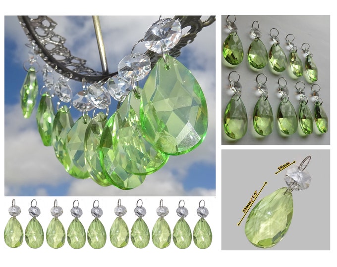 Sage Green Chandelier Drops Oval Almond Glass Crystals Droplets Beads Spare Lamp Parts Prisms Vintage Christmas Tree Wedding Decoration