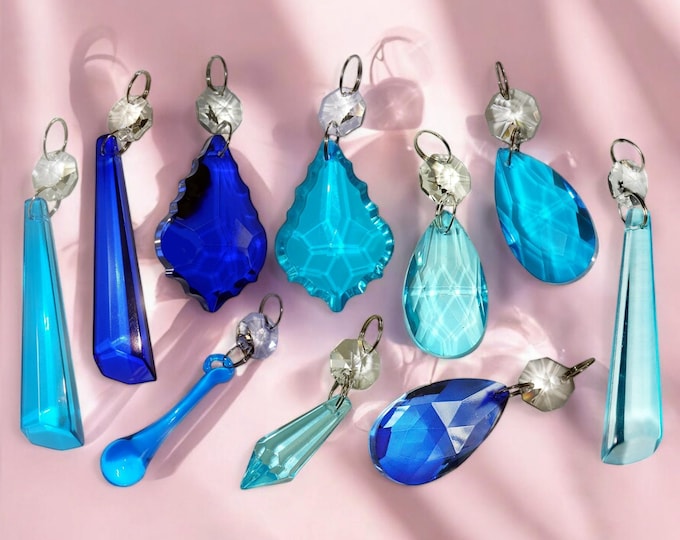 Cobalt or Teal Blue Chandelier Prisms Light Parts Drops Glass Crystals Droplets Beads Vintage Christmas Tree Wedding Decorations Spare Parts