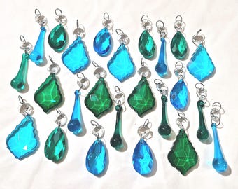 12 or 24 Peacock Green Teal Blue Chandelier Drops Glass Crystals Droplets Beads Vintage Christmas Tree Wedding Decorations Light Lamp Parts