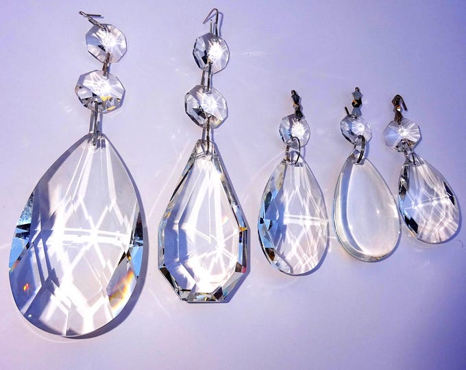 Choice of 5 Designs Teardrop Oval Chandelier Beads Crystals 1.5 to 3" Cut Glass Prism Wedding Christmas Crafts Light Parts Droplets Vintage