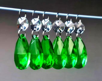 Emerald Green Chandelier Drops Glass Crystals  Droplets Oval Beads Christmas Tree Wedding Craft Light Lamp Spare Lighting Antique Parts