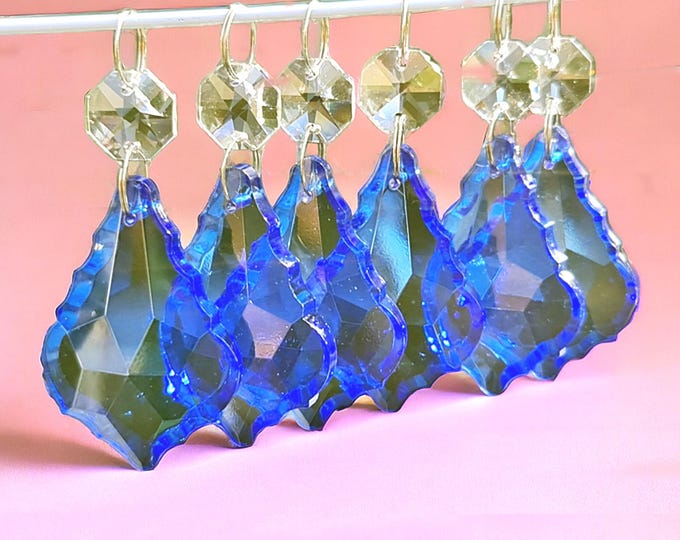 Cobalt Blue Chandelier Drops Glass Crystals Droplets Prism 2" Leaf Vintage Christmas Tree Wedding Decorations Beads Sun Catchers Lamp Parts
