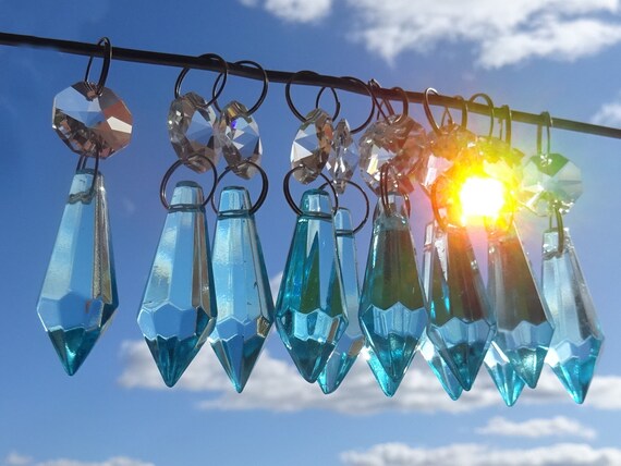 Aqua Teal Turquoise Chandelier Drops Glass Crystals Retro Droplets