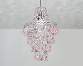 Unique Light Baby Pink 4-Tier Chandelier Pendant 9" x 14" Customizable - Bespoke Ceiling Hanging Lamp Easy Fit Retro Shabby Nanna Chic Décor