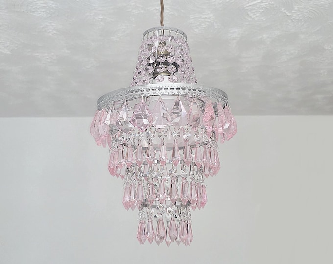 Unique Light Baby Pink 4-Tier Chandelier Pendant 9" x 14" Customizable - Bespoke Ceiling Hanging Lamp Easy Fit Retro Shabby Nanna Chic Décor