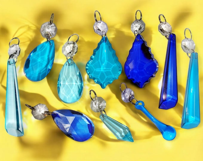 Choice of 12 Teal or Blue Chandelier Light Parts Drops Glass Crystals Droplets Beads Vintage Christmas Tree Wedding Decorations Spare Parts