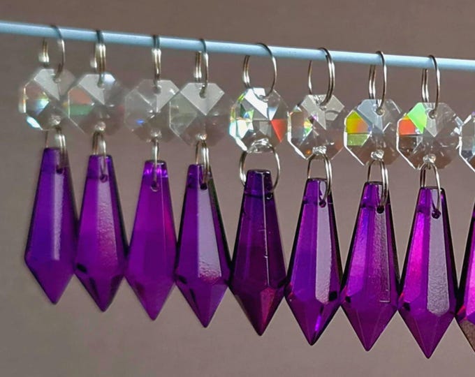 5 Purple Chandelier Drops Glass Crystals Droplets Torpedo Beads Feng Shui Vintage Christmas Tree Wedding Decorations Crafts Light Parts Chic