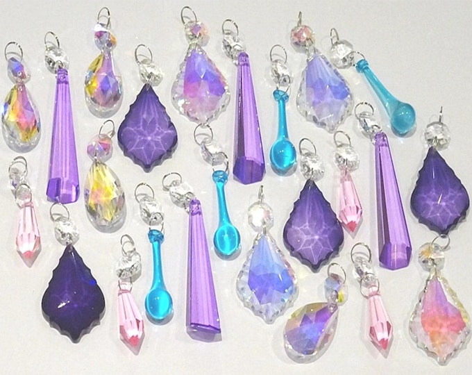 24 Aurora Borealis AB Pink Purple Chandelier Drops Glass Crystals Droplets Beads Christmas Tree Wedding Wishing Decoration Crafts Lamp Parts