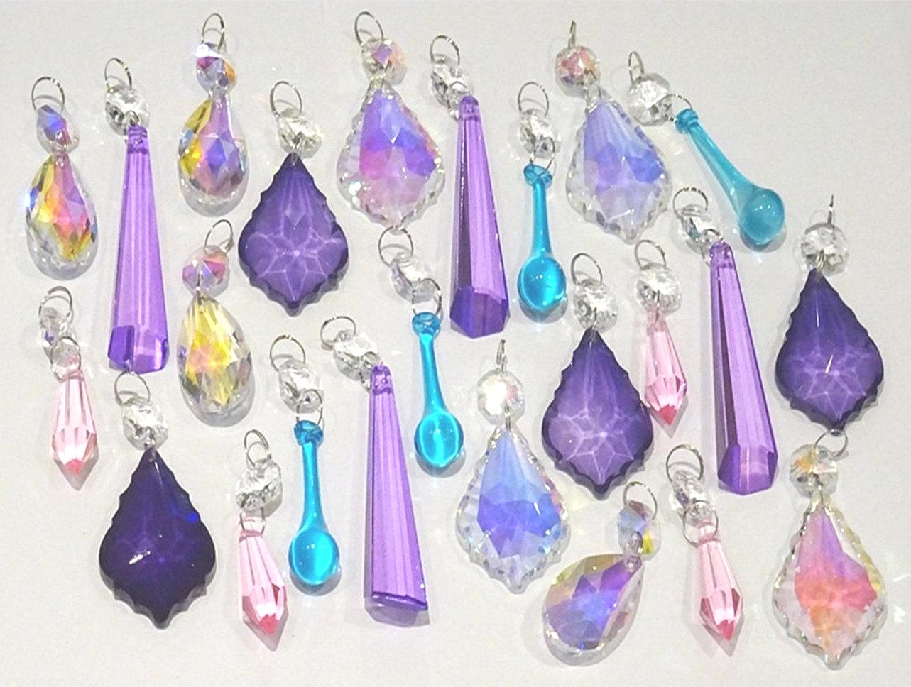 24 Aurora Borealis AB Pink Purple Chandelier Drops Glass Crystals Droplets Beads Christmas Tree Wedding Wishing Decoration Crafts Lamp Parts