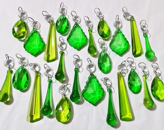 12 or 24 Emerald & Sage Green Chandelier Drops Glass Crystals Droplets Prisms Beads Vintage Retro Christmas Tree Wedding Bauble Decorations