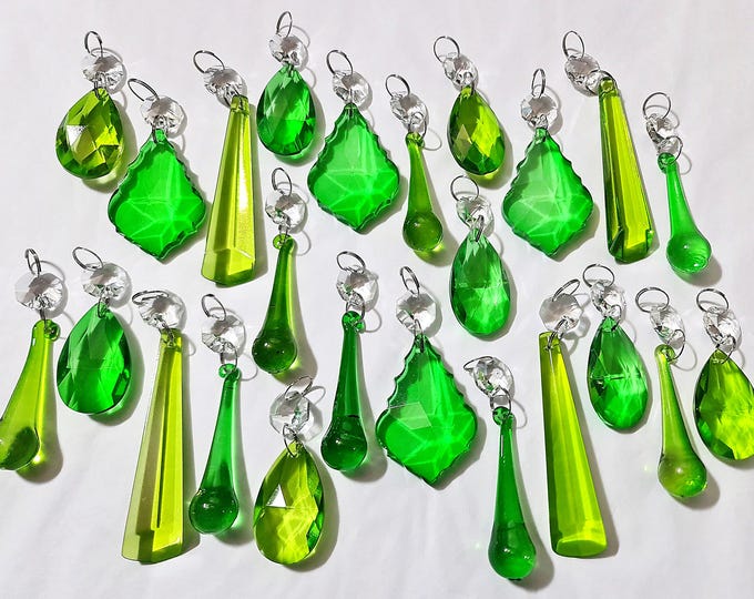 12 or 24 Emerald & Sage Green Chandelier Drops Glass Crystals Droplets Prisms Beads Vintage Retro Christmas Tree Wedding Bauble Decorations