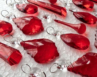 Sets 6 12 24 Claret Red Chandelier Drops Glass Crystals Droplets Beads Vintage Christmas Tree Wedding Decorations Light Crafts Parts Prisms