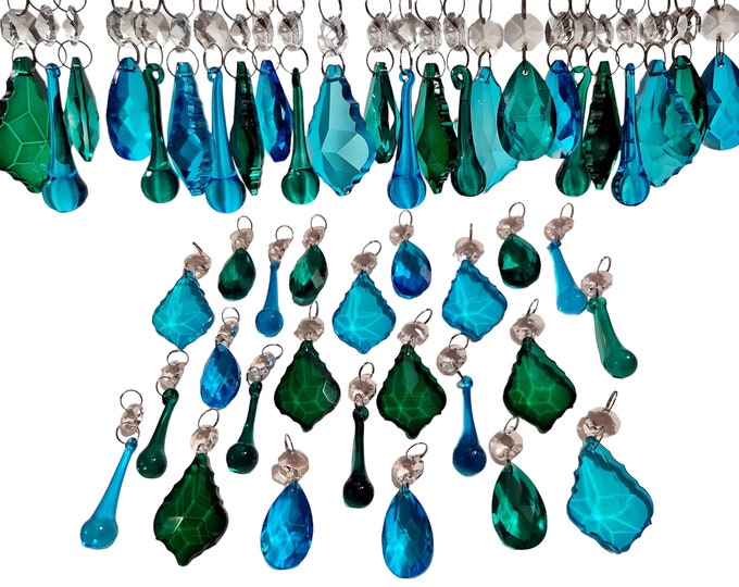 12 or 24 Peacock Green Teal Blue Chandelier Drops Glass Crystals Droplets Beads Vintage Christmas Tree Wedding Decorations Light Lamp Parts