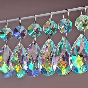 Teardrop Aurora Borealis AB Chandelier Glass Crystals Droplets 1.5&quot; Oval Prisms Beads Christmas Tree Wedding Iridescent Light Lamp Parts