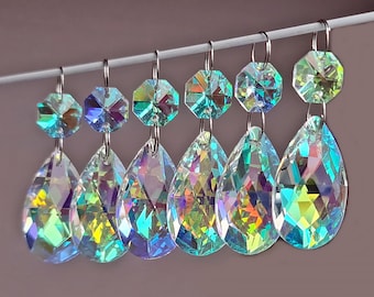 Teardrop Aurora Borealis AB Chandelier Glass Crystals Droplets 1.5" Oval Prisms Beads Christmas Tree Wedding Iridescent Light Lamp Parts