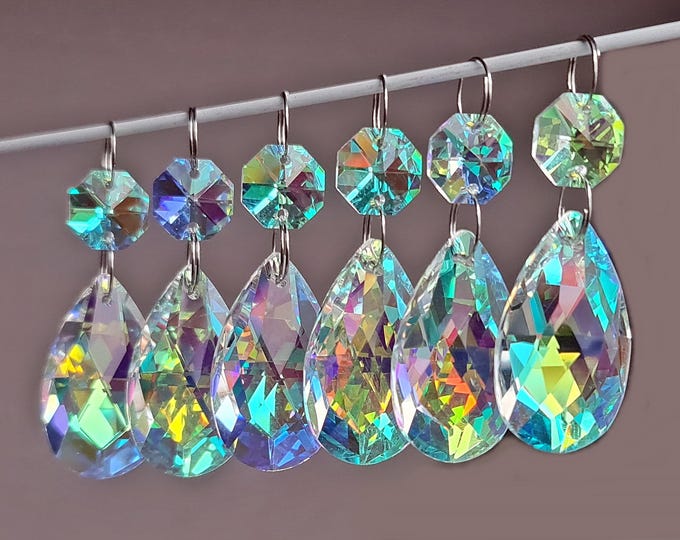Teardrop Aurora Borealis AB Chandelier Glass Crystals Droplets 1.5" Oval Prisms Beads Christmas Tree Wedding Iridescent Light Lamp Parts