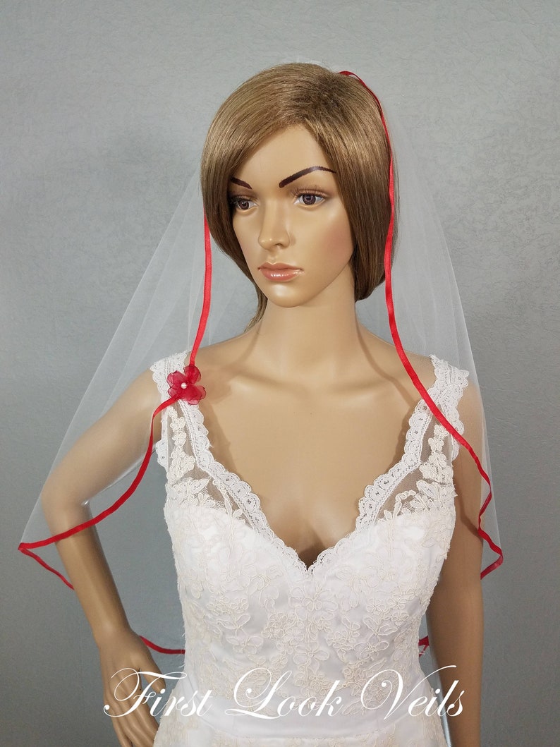 White Wedding Veil Red Bridal Veil Red Ribbon Veil Red Etsy