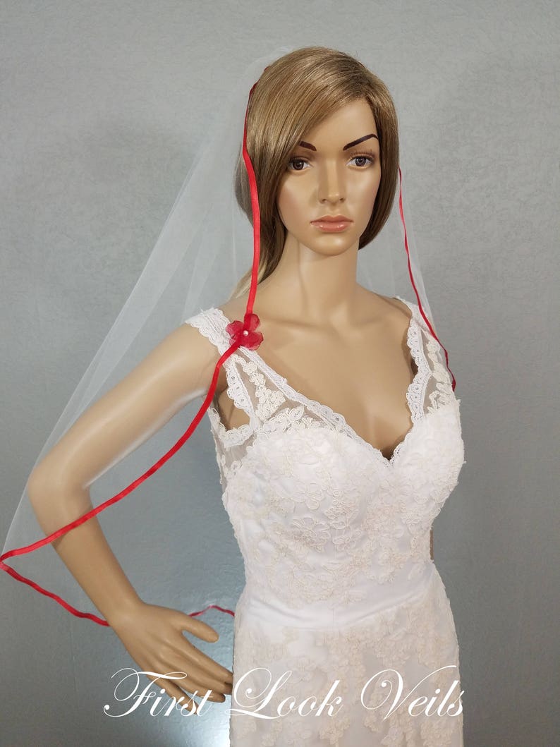 White Wedding Veil Red Bridal Veil Red Ribbon Veil Red Etsy