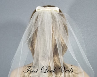 Ivory Bridal Veil, Chapel Veil, Bow Veil, Veil With Bow, Ribbon Veil, Long Veil, Short Veil