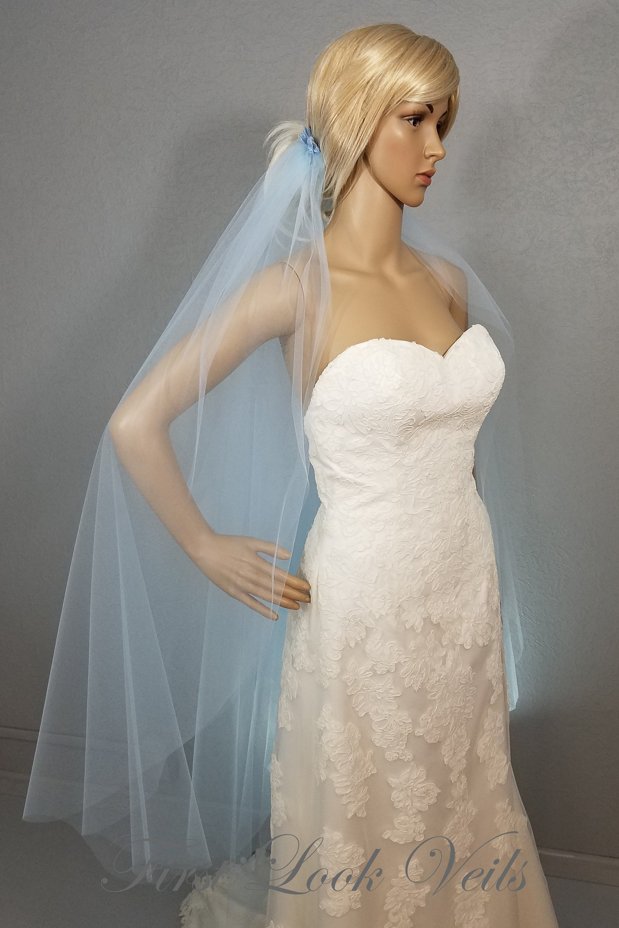 Draped Fingertip, Wedding Veil, Bridal Vail, Blue Vail