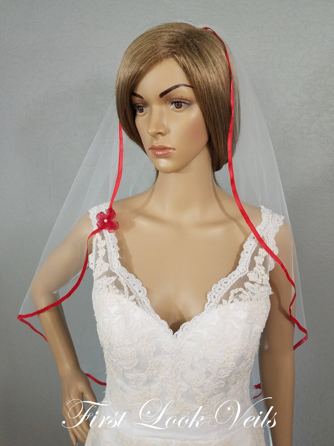 White Bridal Veil, Red Veil, Red Ribbon Veil, Military Wedding, White