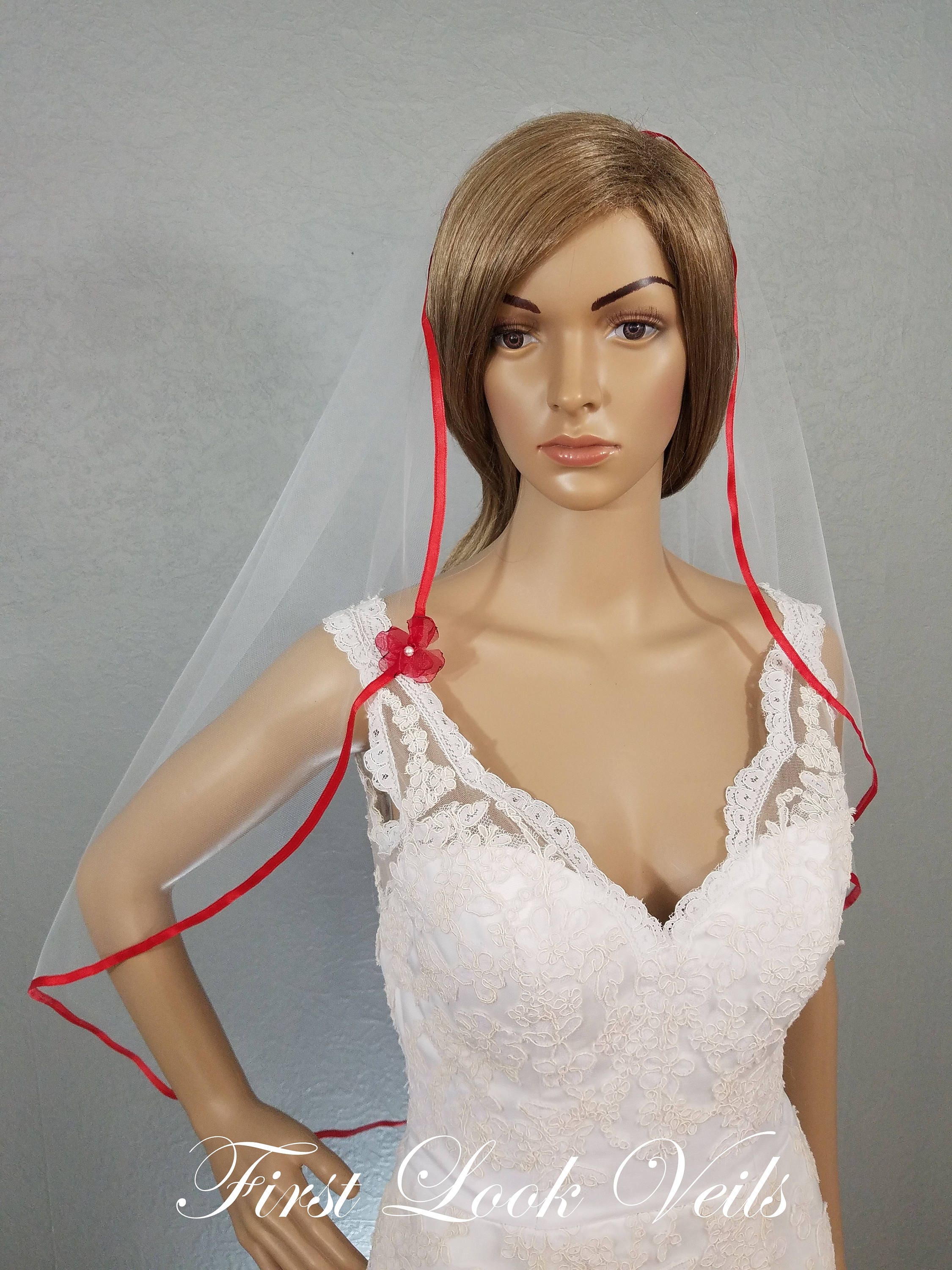 White Wedding Veil Red Bridal Veil Red Veil Red Ribbon Edge Etsy