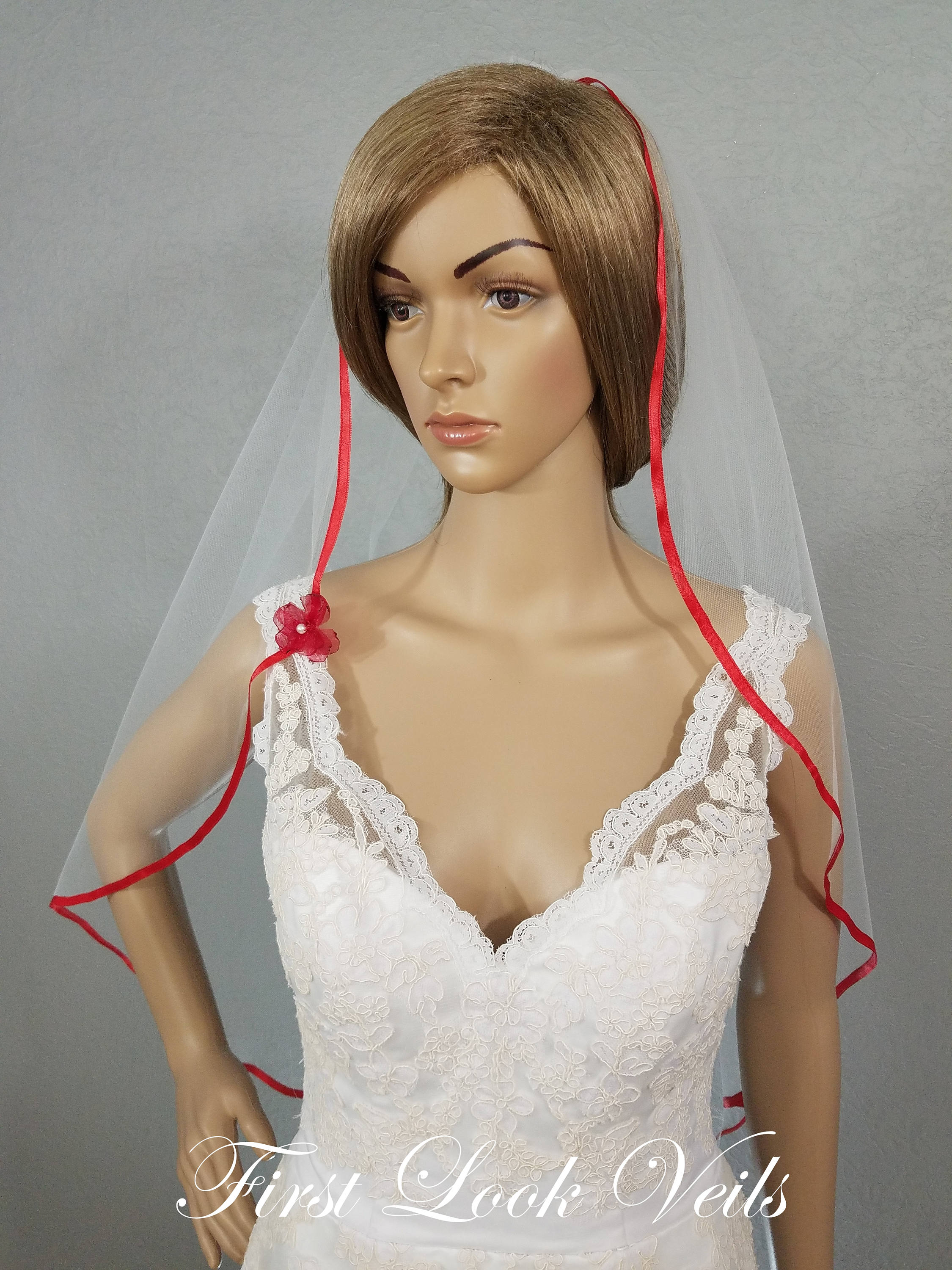 red and white wedding veil