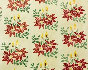May include: A vintage wrapping paper design featuring a repeating pattern of red poinsettia flowers with green leaves and three yellow candles in the center of each flower.