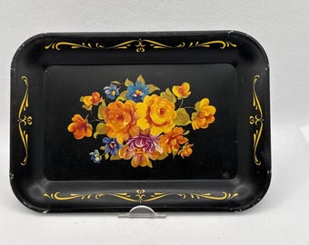 petit plateau vintage en métal vide-poches floral Litho Black 6,5 x 4,5 pouces