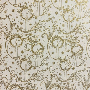 Vintage Christmas Wrapping Paper TWO Yards x 18" 1960's  White & Gold Candles