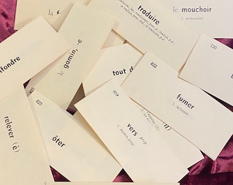 Vintage French Vocabulary Cards Bundle of 25 or 50 Random Words or Phrases 1.5&quot; x 3.5&quot;  Junk Journal Pockets Cards Tag Mixed Media