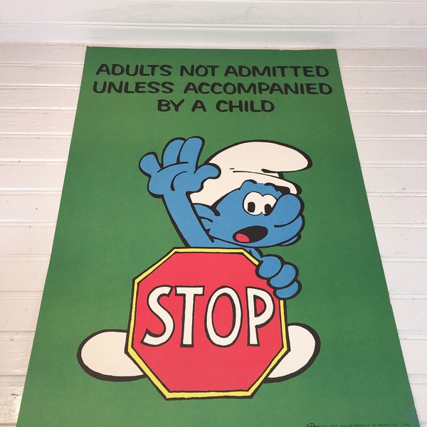 Vintage Peyo Smurf Poster Stop Adults Not Admitted  1981 Wallace Berrie